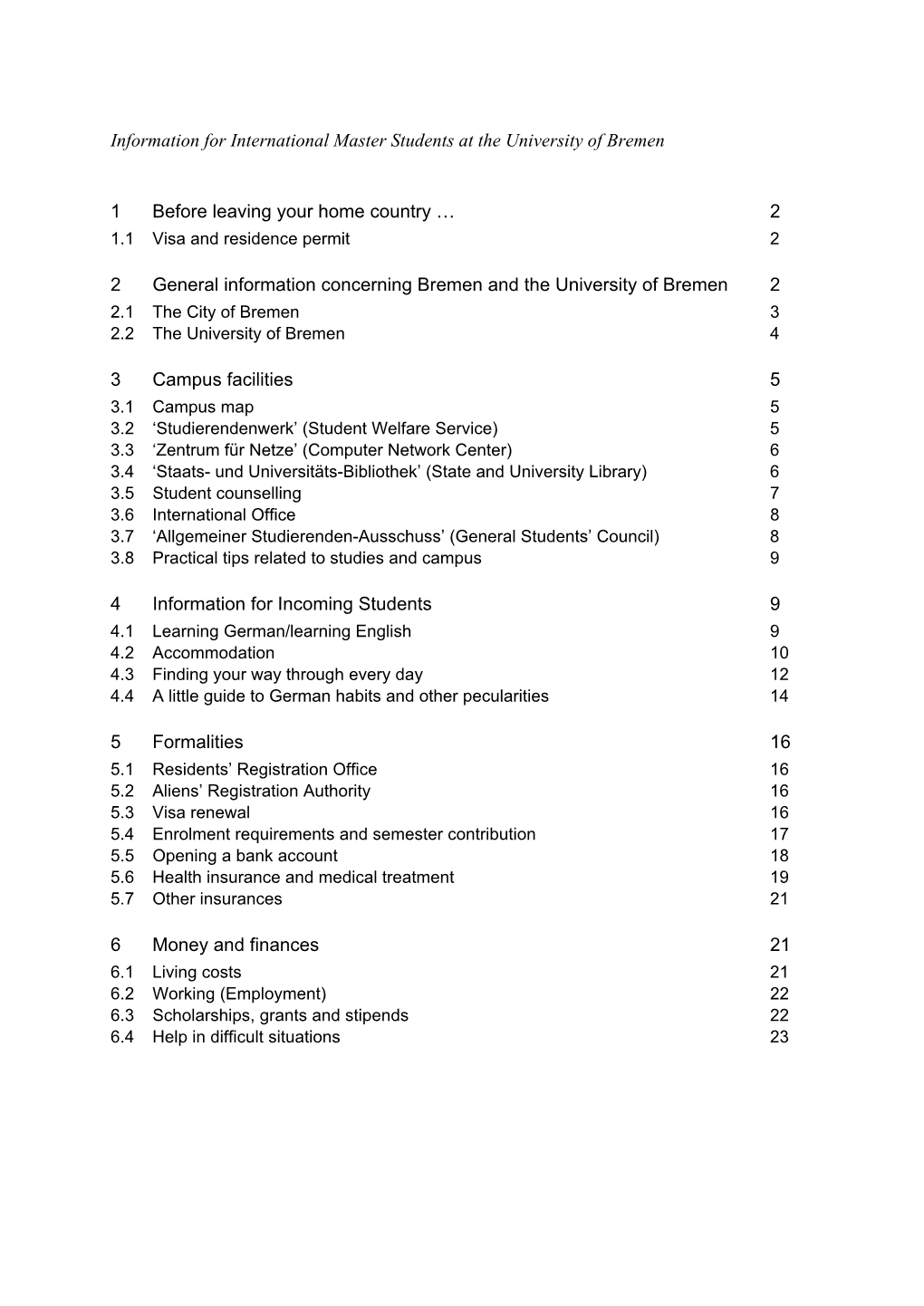 Information for International Master Students at the University of Bremen