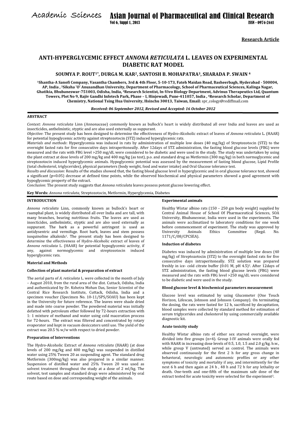 Anti-Hyperglycemic Effect Annona Reticulata L. Leaves on Experimental Diabetic Rat Model Soumya P