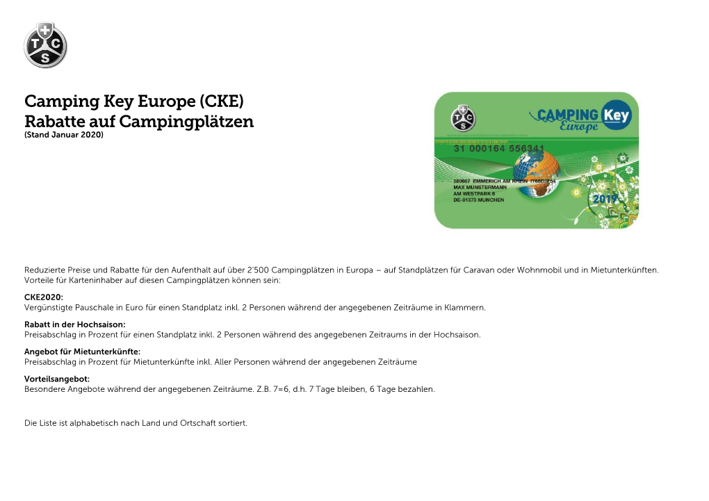 Camping Key Europe (CKE) Rabatte Auf Campingplätzen (Stand Januar 2020)