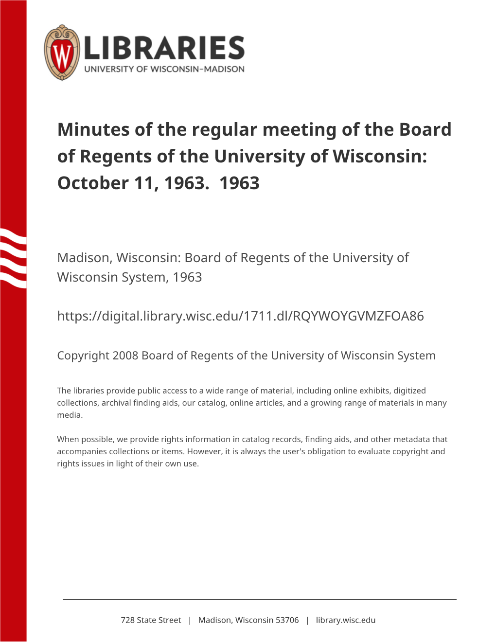 Minutes of the Regular Meeting of the Board of Regents of the University of Wisconsin: October 11, 1963