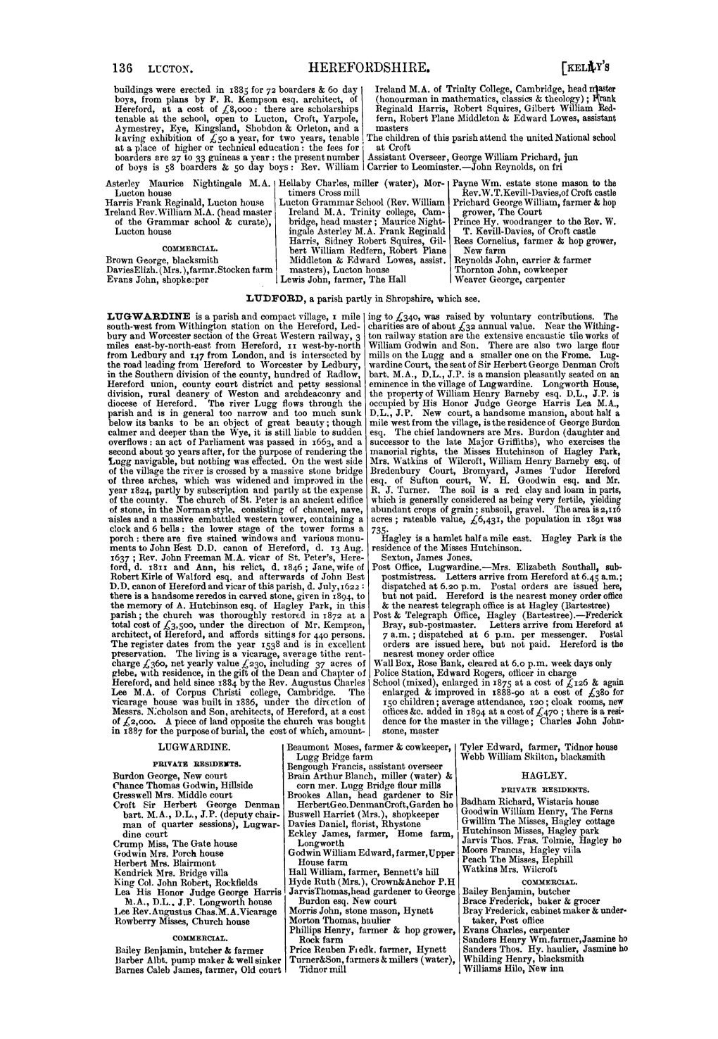 HEREFORDSHIRE. [KEL!\Y's Buildings Were Erected in 1885 for 72 Boarders & 60 Day Ireland M.A
