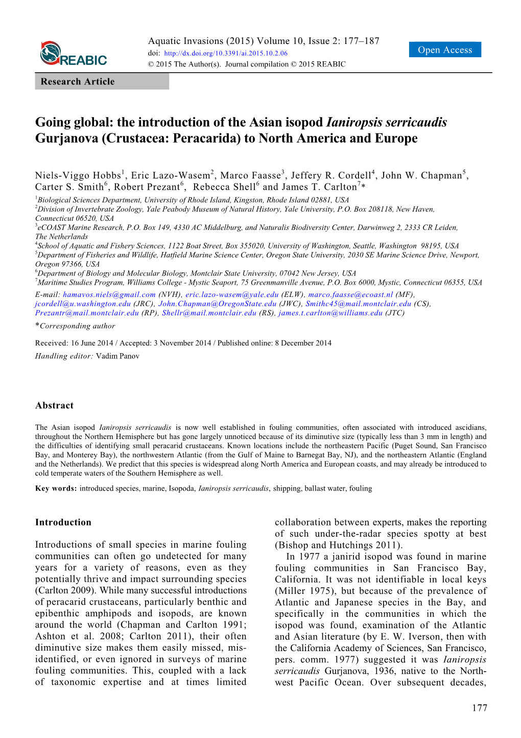 The Introduction of the Asian Isopod Ianiropsis Serricaudis Gurjanova (Crustacea: Peracarida) to North America and Europe