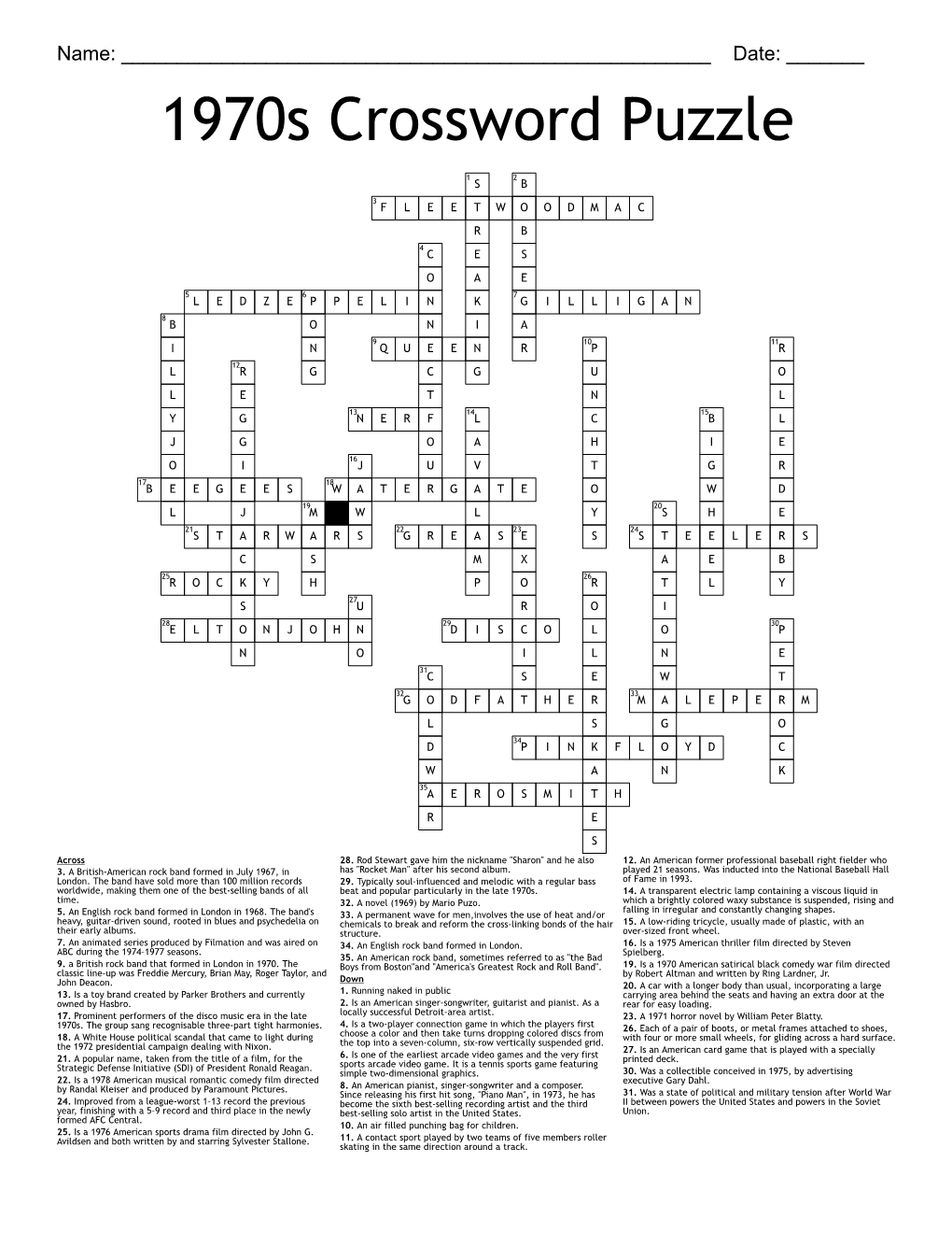 1970S Crossword Puzzle