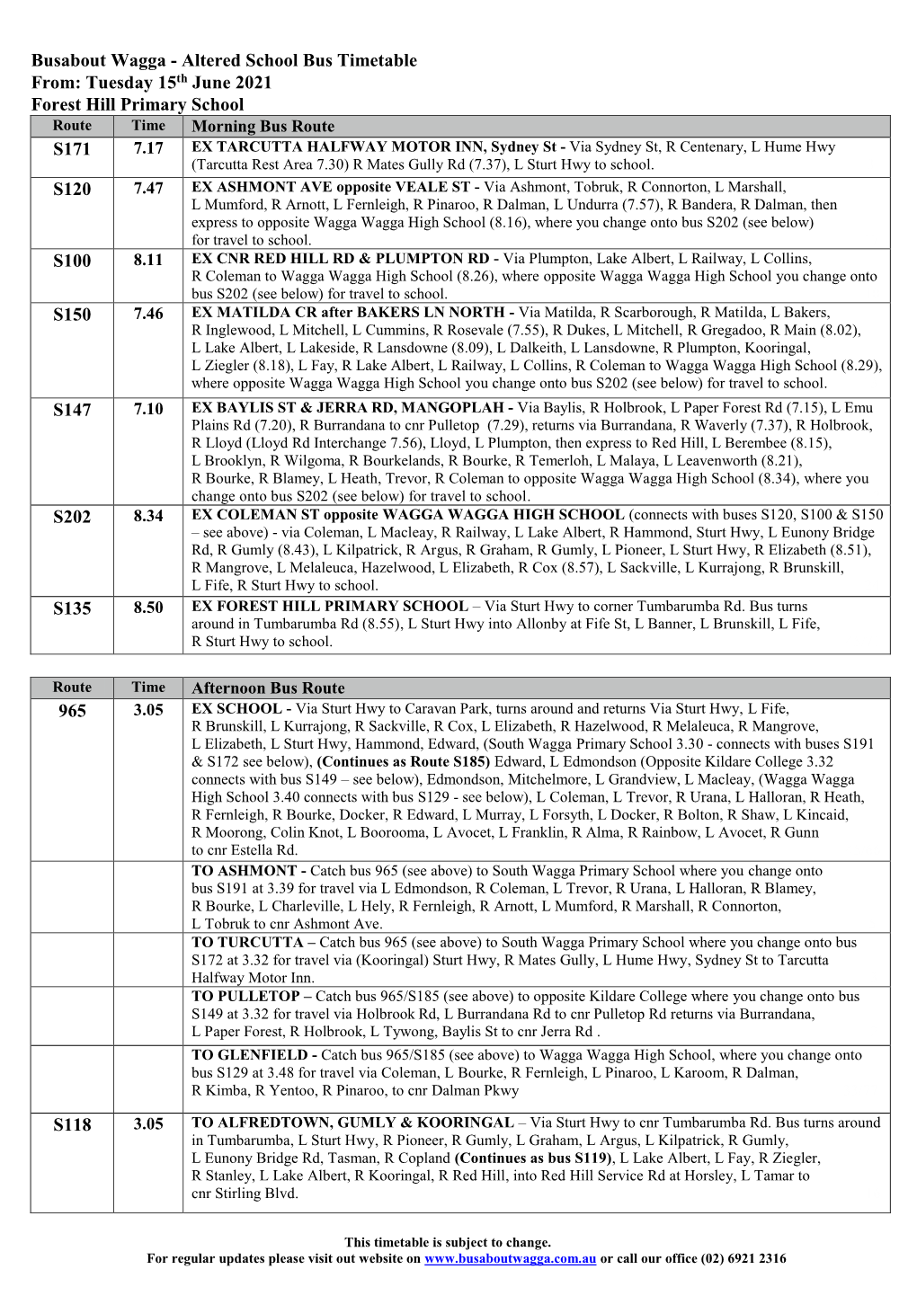 Altered School Bus Timetable