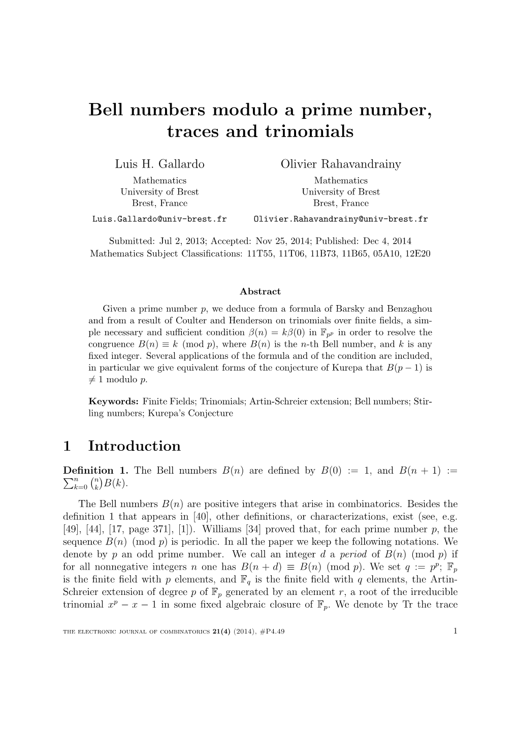 Bell Numbers Modulo a Prime Number, Traces and Trinomials