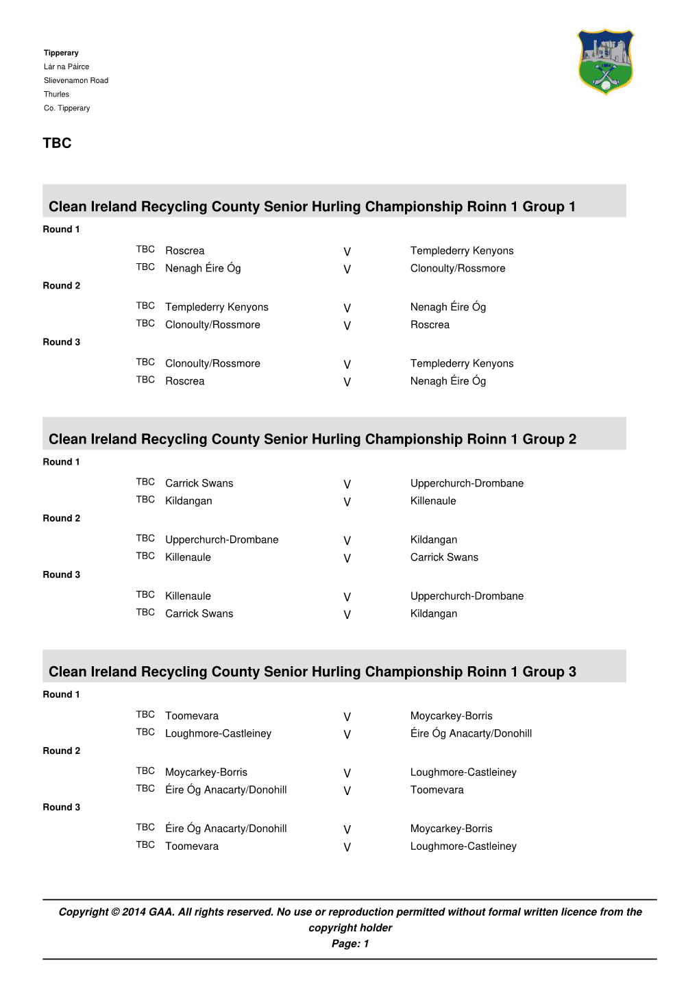 County Senior Hurling Championship Draws 2014