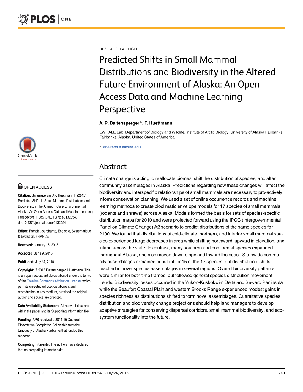 Predicted Shifts in Small Mammal Distributions and Biodiversity in the Altered Future Environment of Alaska: an Open Access Data and Machine Learning Perspective