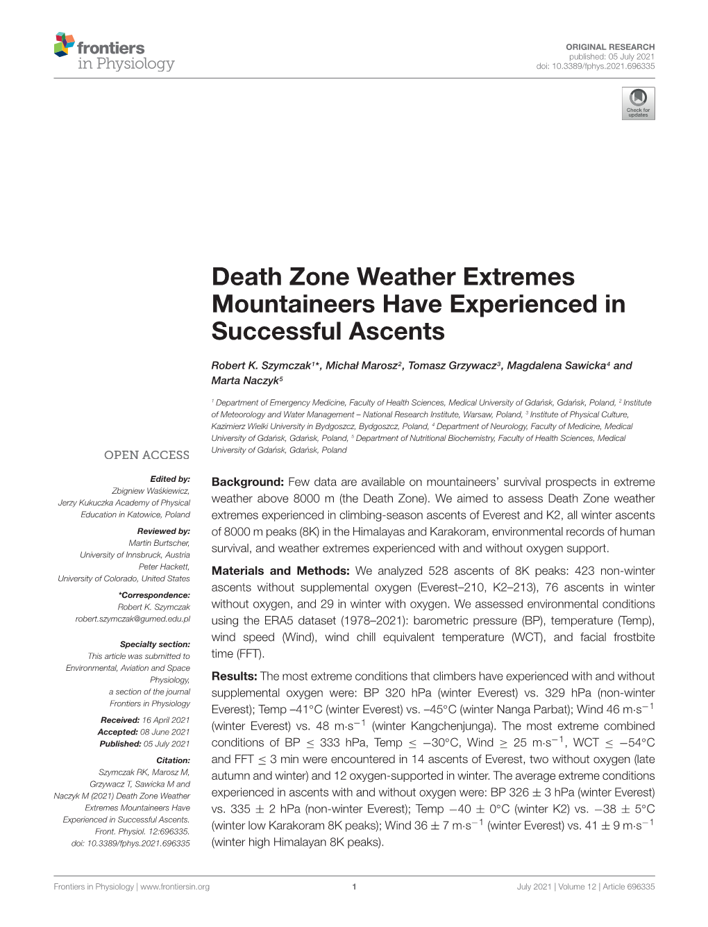 Robert K. Szymczak, Et Al., Death Zone Weather Extremes Mountaineers Have Experienced in Successful Ascents, Frontiers