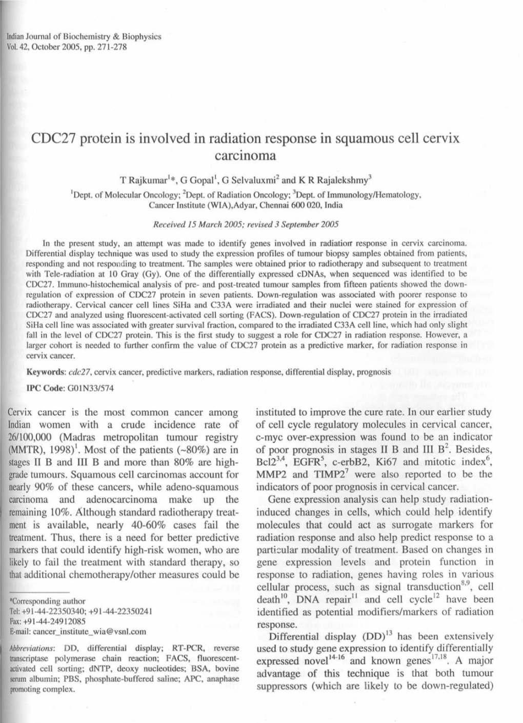 CDC27 Protein Is Involved in Radiation Response in Squamous Cell Cervix Carcinoma