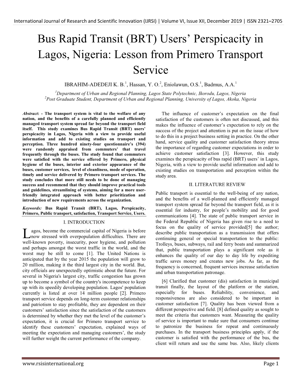 Bus Rapid Transit (BRT) Users’ Perspicacity in Lagos, Nigeria: Lesson from Primero Transport Service