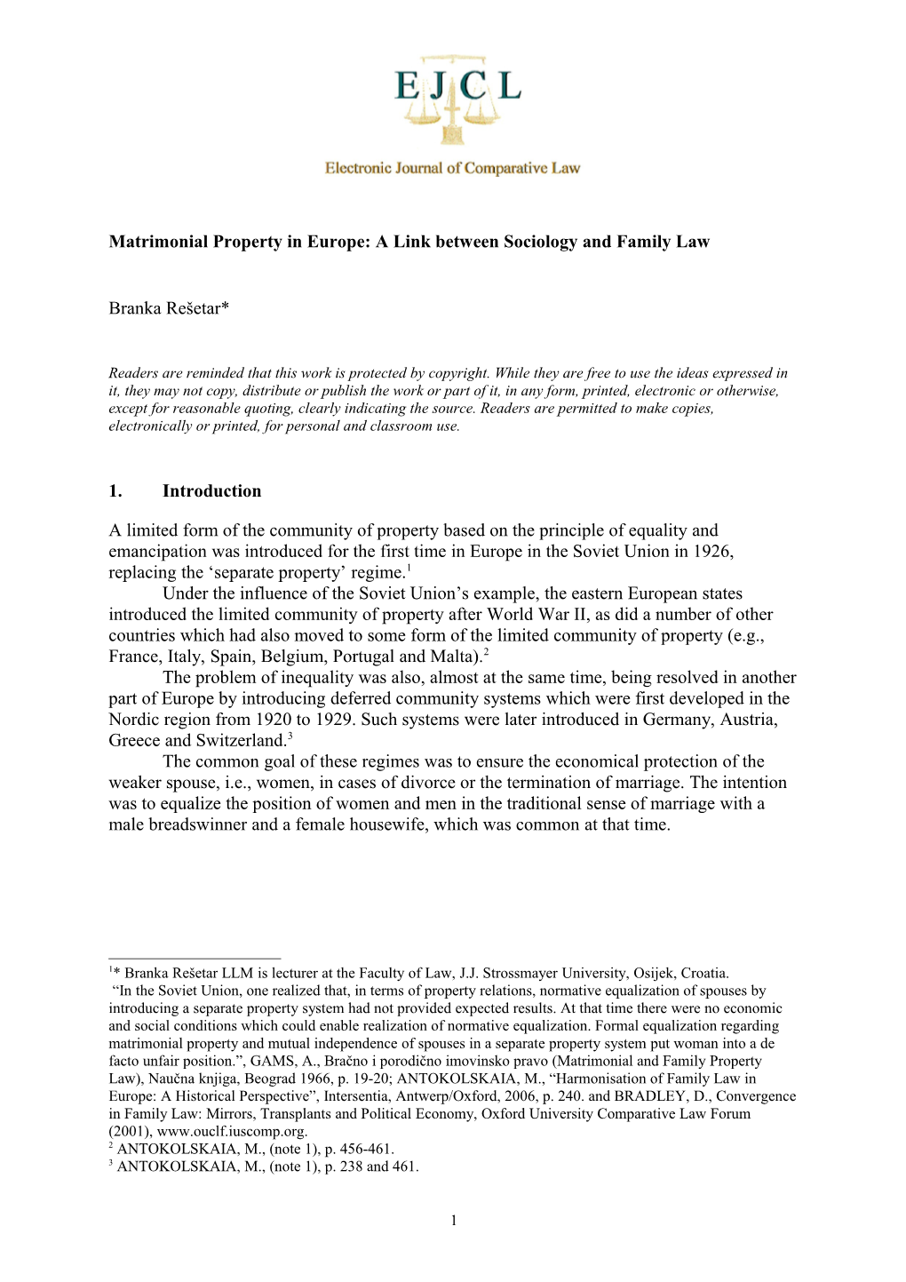 Matrimonial Property in Europe: a Link Between Sociology and Family Law