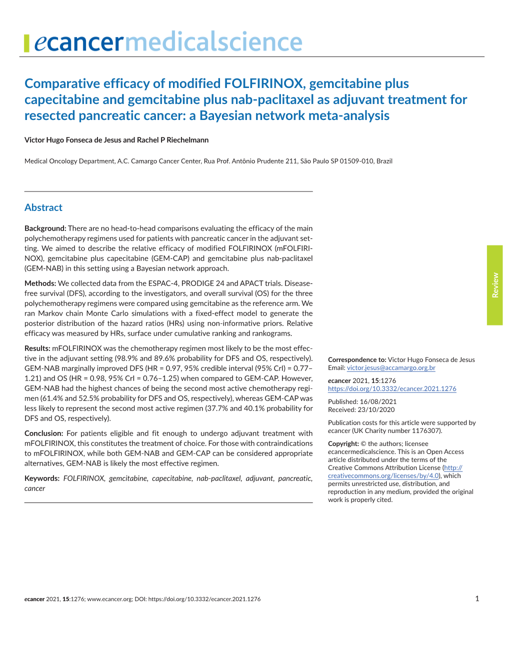 Comparative Efficacy of Modified FOLFIRINOX, Gemcitabine Plus