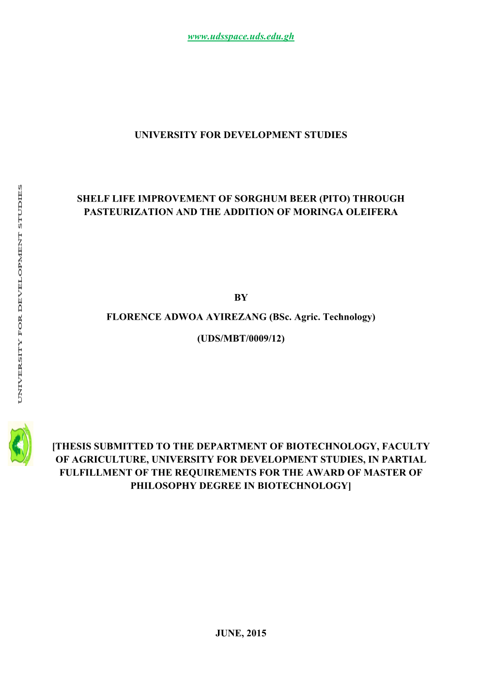 Shelf Life Improvement of Sorghum Beer (Pito) Through Pasteurization and the Addition of Moringa Oleifera