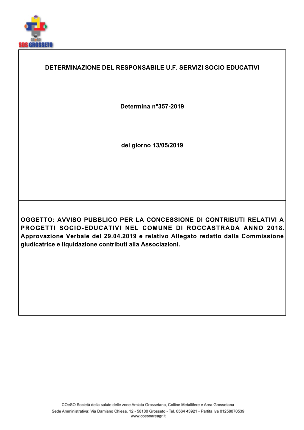 Determinazione Del Responsabile U.F. Servizi Socio Educativi