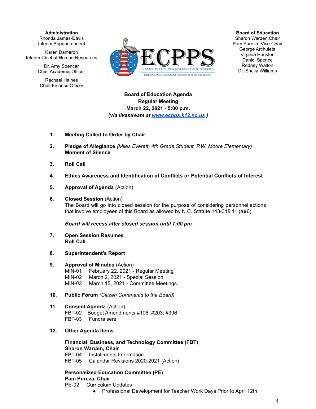 Board of Education Agenda Regular Meeting March 22, 2021 - 5:00 P.M