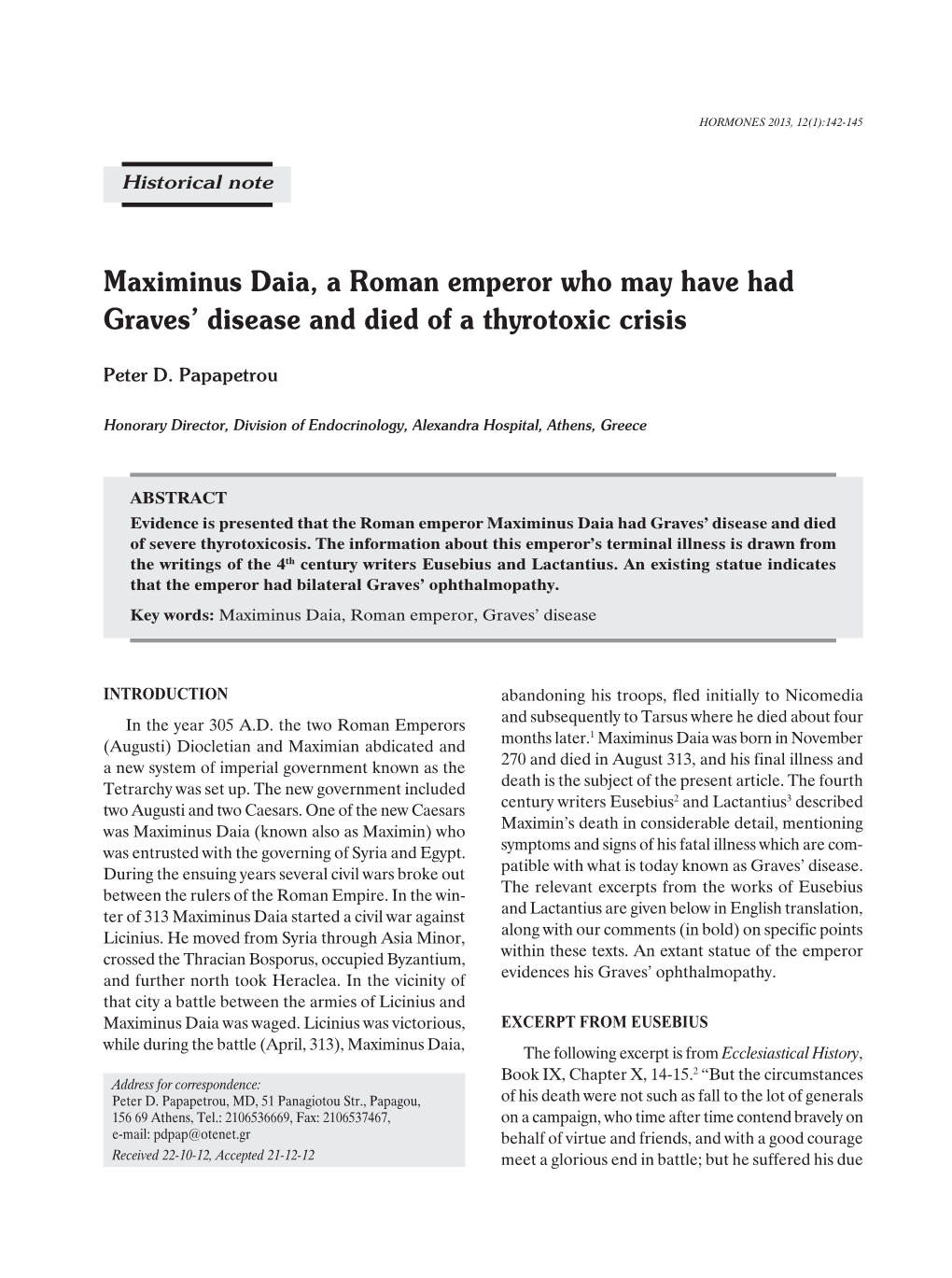 Maximinus Daia, a Roman Emperor Who May Have Had Graves' Disease