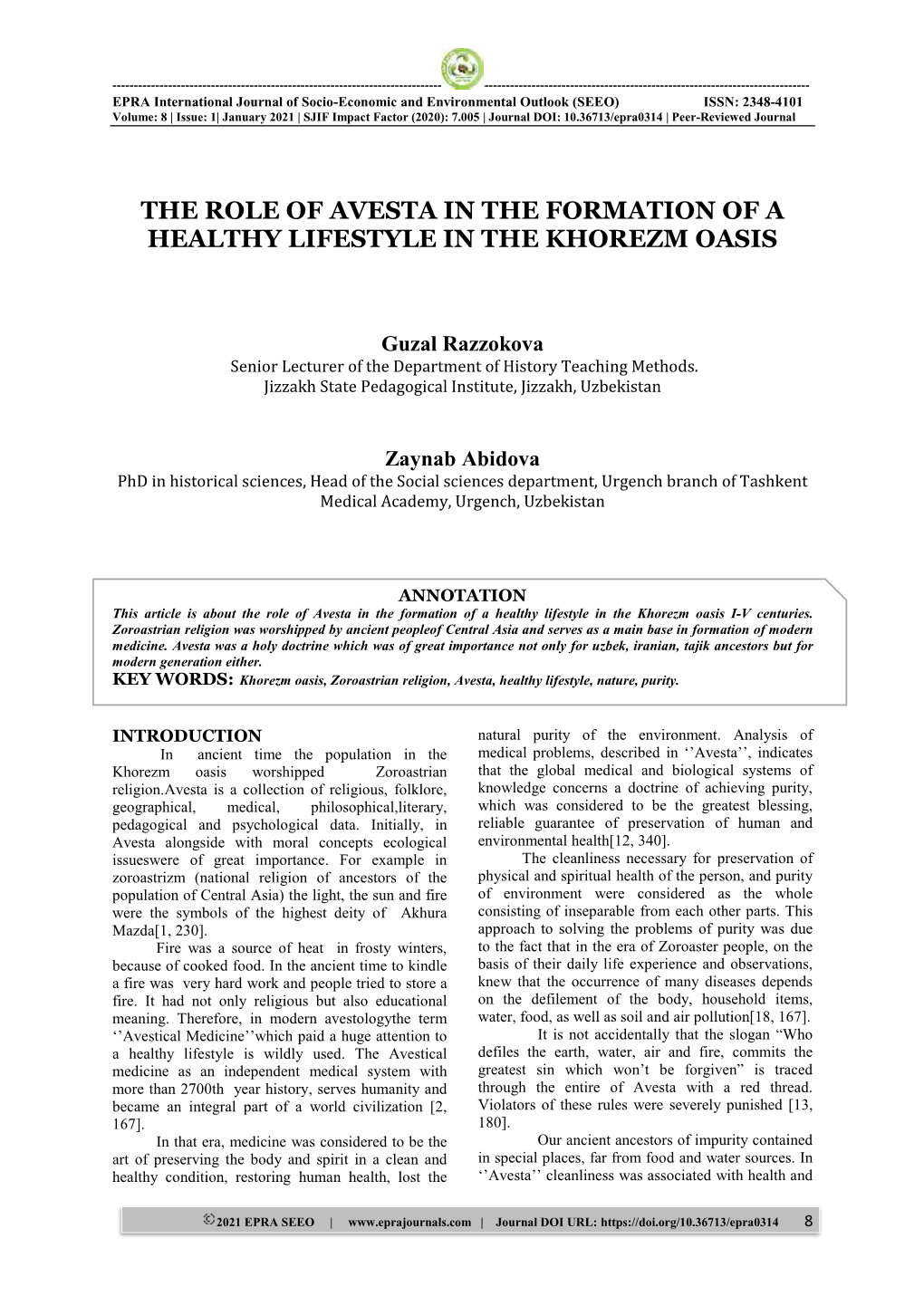 The Role of Avesta in the Formation of a Healthy Lifestyle in the Khorezm Oasis