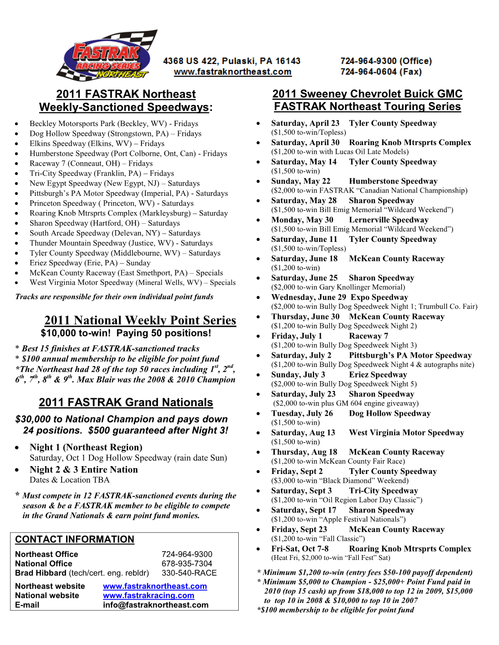 FASTRAK Northeast Weekly-Sanctioned Speedways