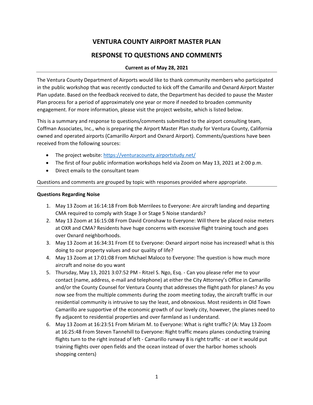 Ventura County Airport Master Plan Response to Questions and Comments