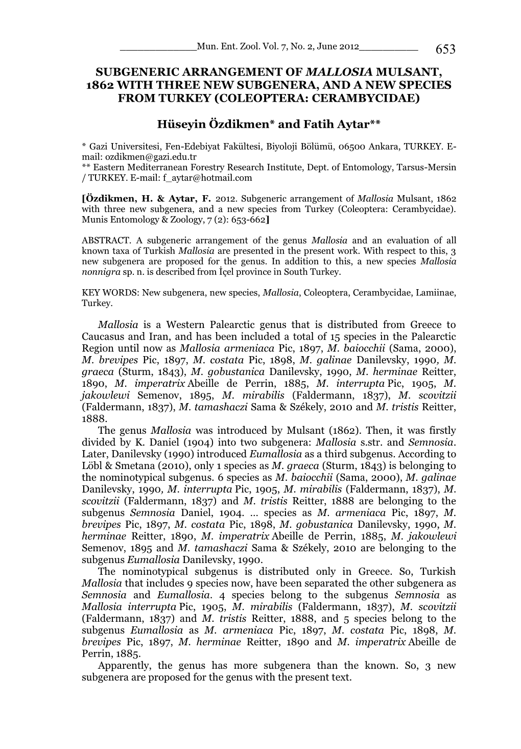 Subgeneric Arrangement of Mallosia Mulsant, 1862 with Three New Subgenera, and a New Species from Turkey (Coleoptera: Cerambycidae)