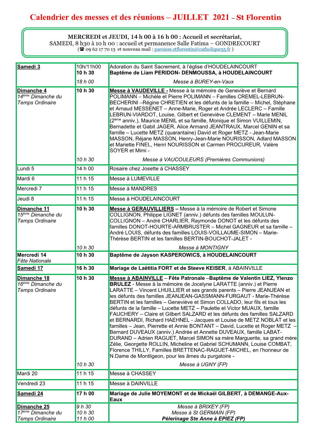 Calendrier Des Messes Et Des Réunions – JUILLET 2021 – St Florentin