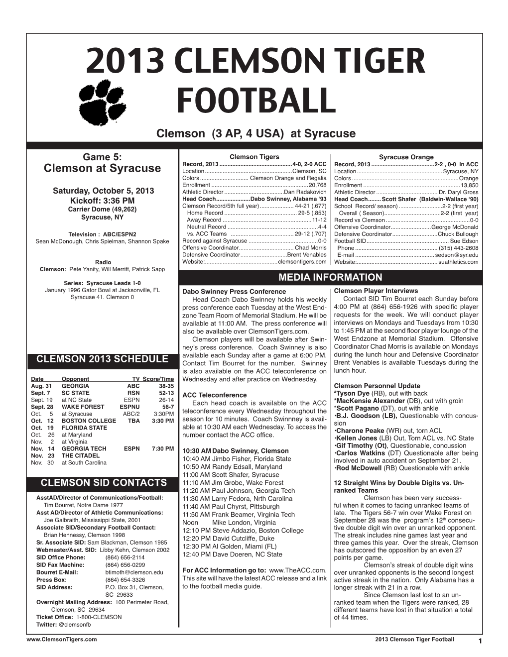 2013 CLEMSON TIGER FOOTBALL Clemson (3 AP, 4 USA) at Syracuse