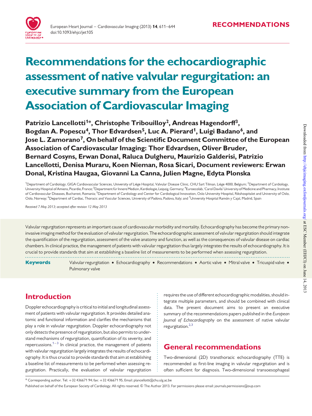 Recommendations for the Echocardiographic Assessment of Native Valvular Regurgitation: an Executive Summary from the European Association of Cardiovascular Imaging