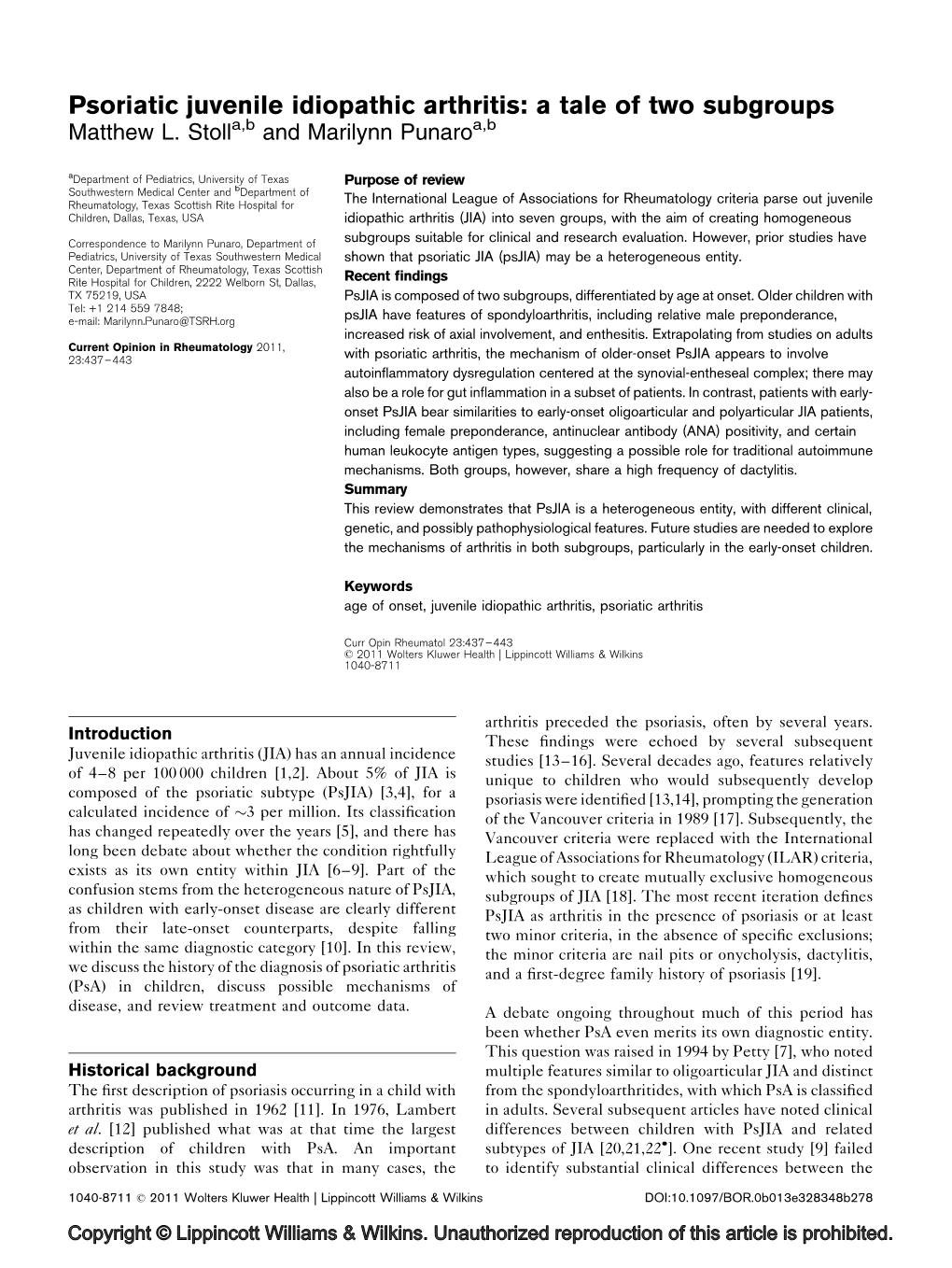 Psoriatic Juvenile Idiopathic Arthritis: a Tale of Two Subgroups Matthew L