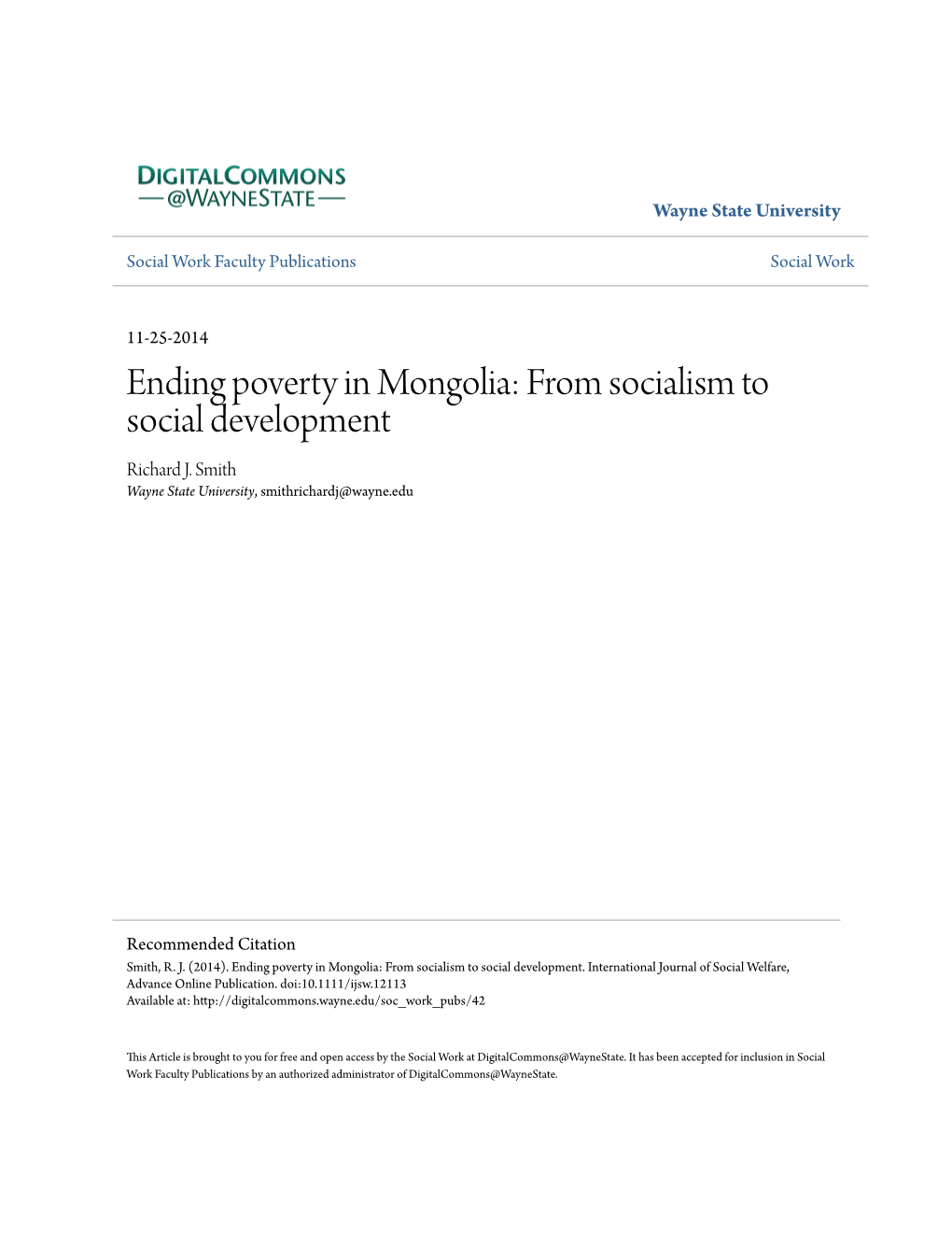 Ending Poverty in Mongolia: from Socialism to Social Development Richard J