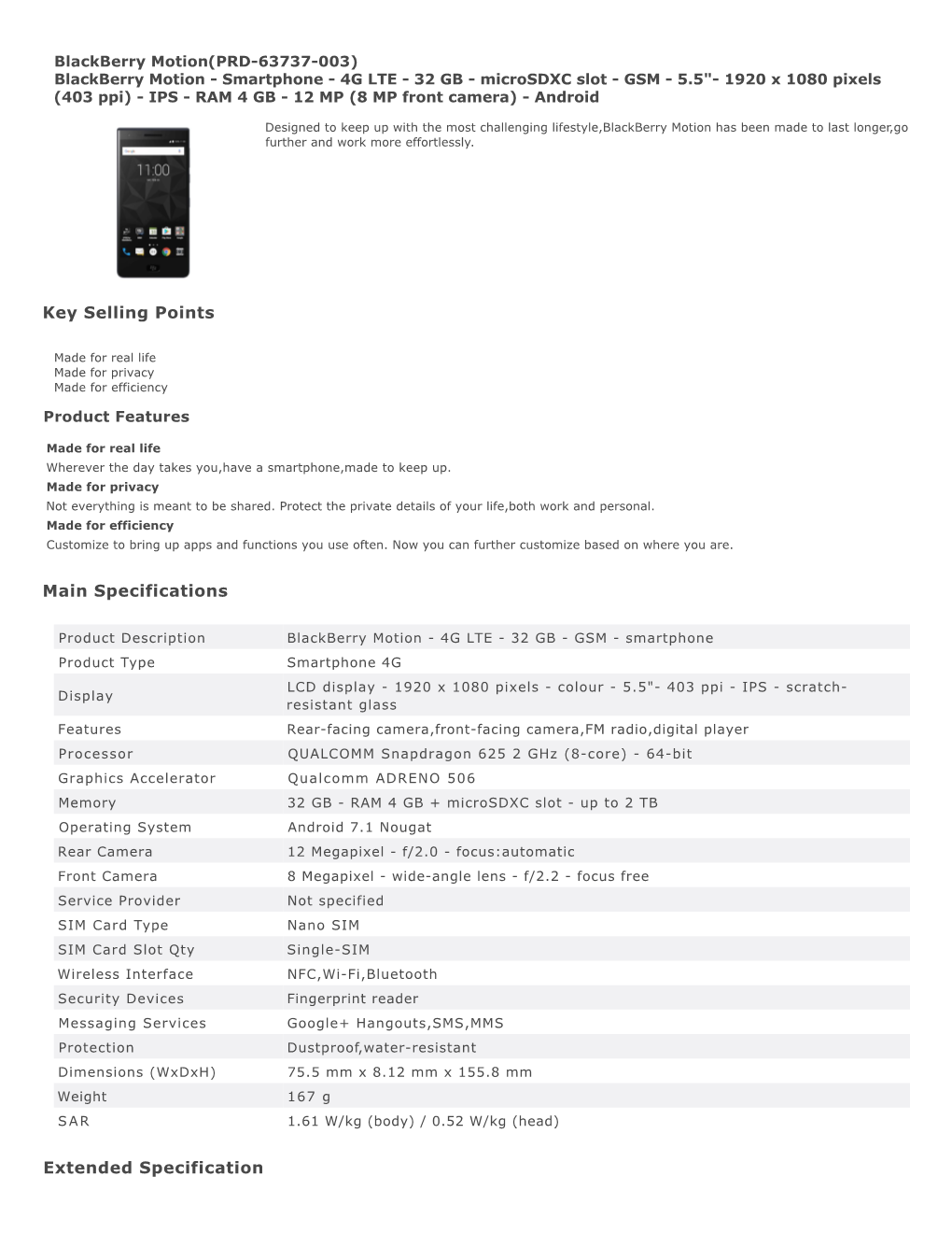 Key Selling Points Main Specifications Extended Specification