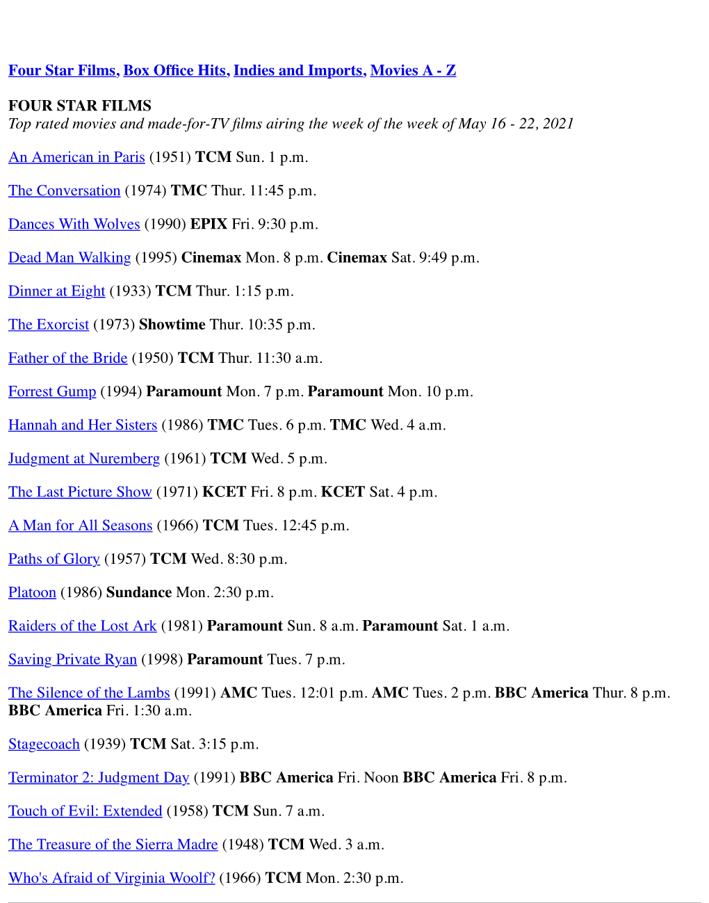 Z FOUR STAR FILMS Top Rated Movies and Made-For-TV Films Airing