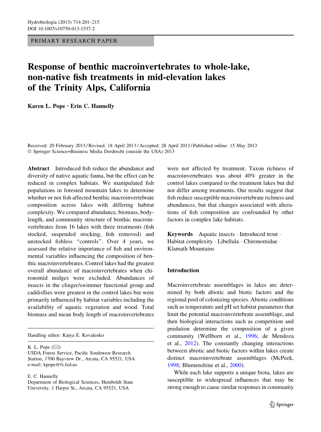 Response of Benthic Macroinvertebrates to Whole-Lake, Non-Native ﬁsh Treatments in Mid-Elevation Lakes of the Trinity Alps, California