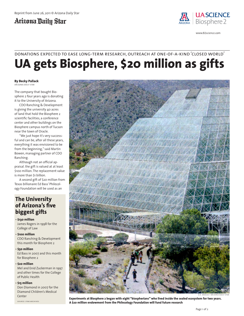 UA Gets Biosphere, $20 Million As Gifts