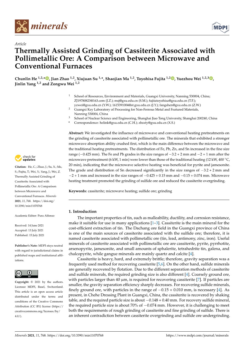 Thermally Assisted Grinding of Cassiterite Associated with Pollimetallic Ore: a Comparison Between Microwave and Conventional Furnaces