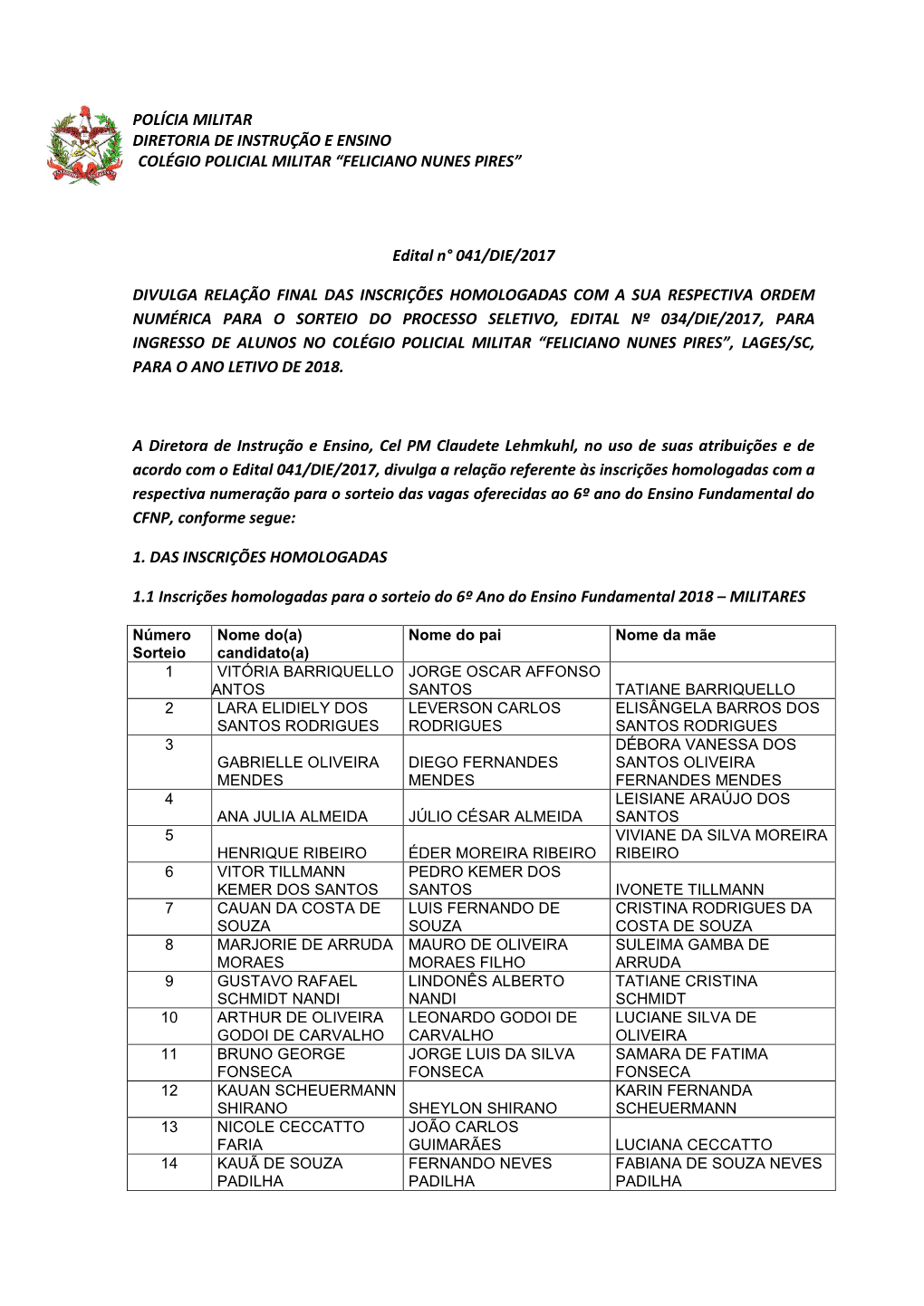 POLÍCIA MILITAR DIRETORIA DE INSTRUÇÃO E ENSINO COLÉGIO POLICIAL MILITAR “FELICIANO NUNES PIRES” Edital N° 041/DIE/201