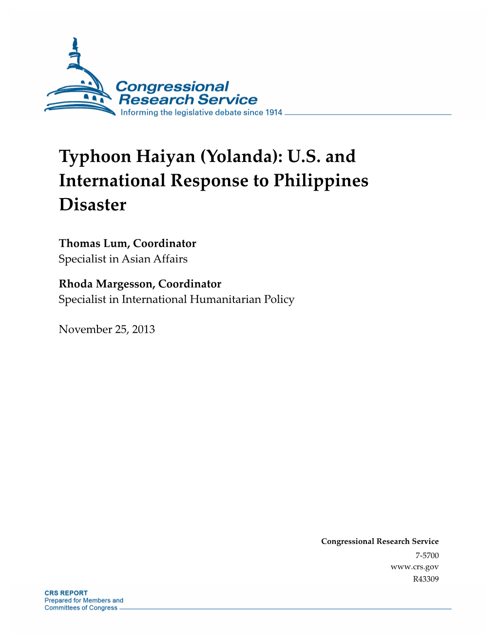 Typhoon Haiyan (Yolanda): U.S. and International Response to Philippines Disaster