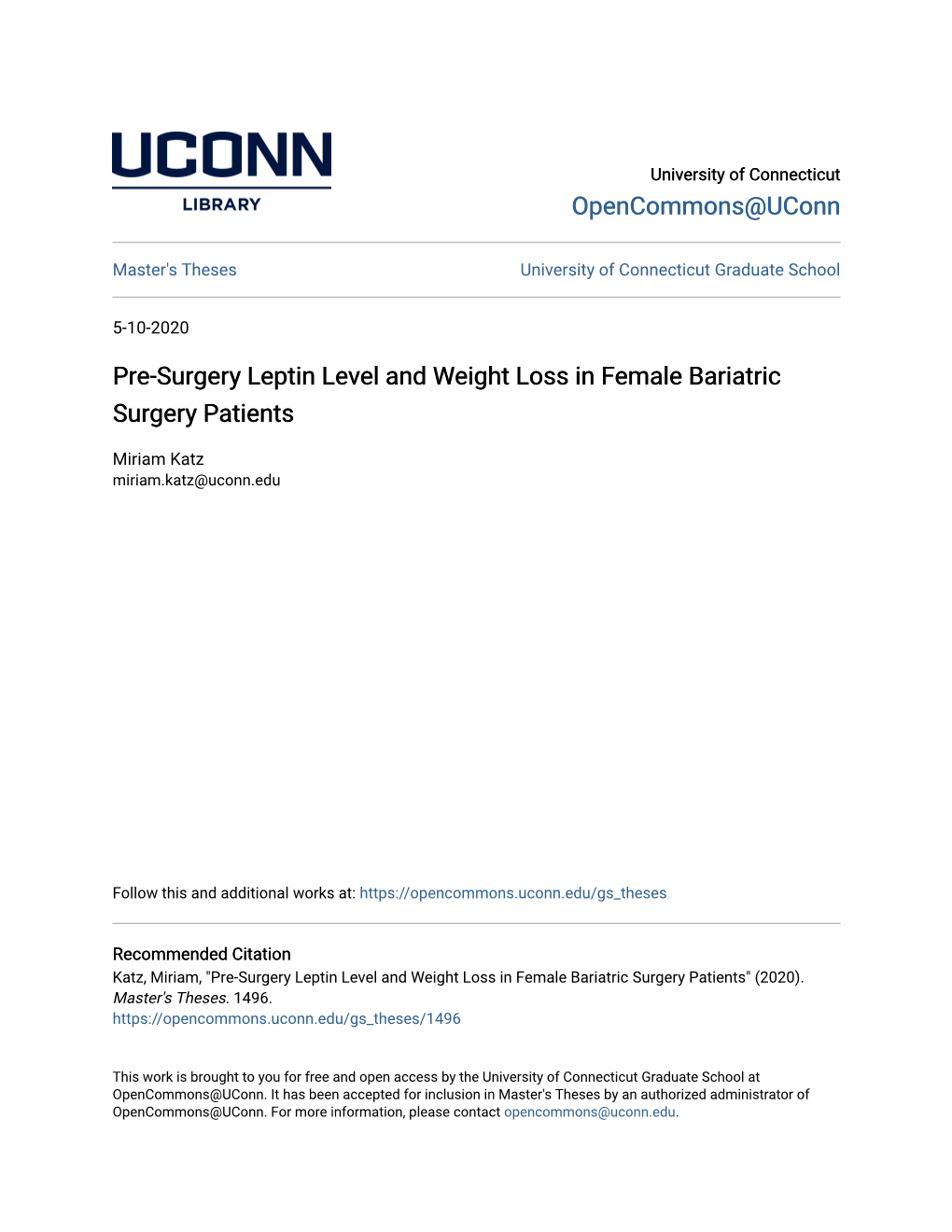 Pre-Surgery Leptin Level and Weight Loss in Female Bariatric Surgery Patients