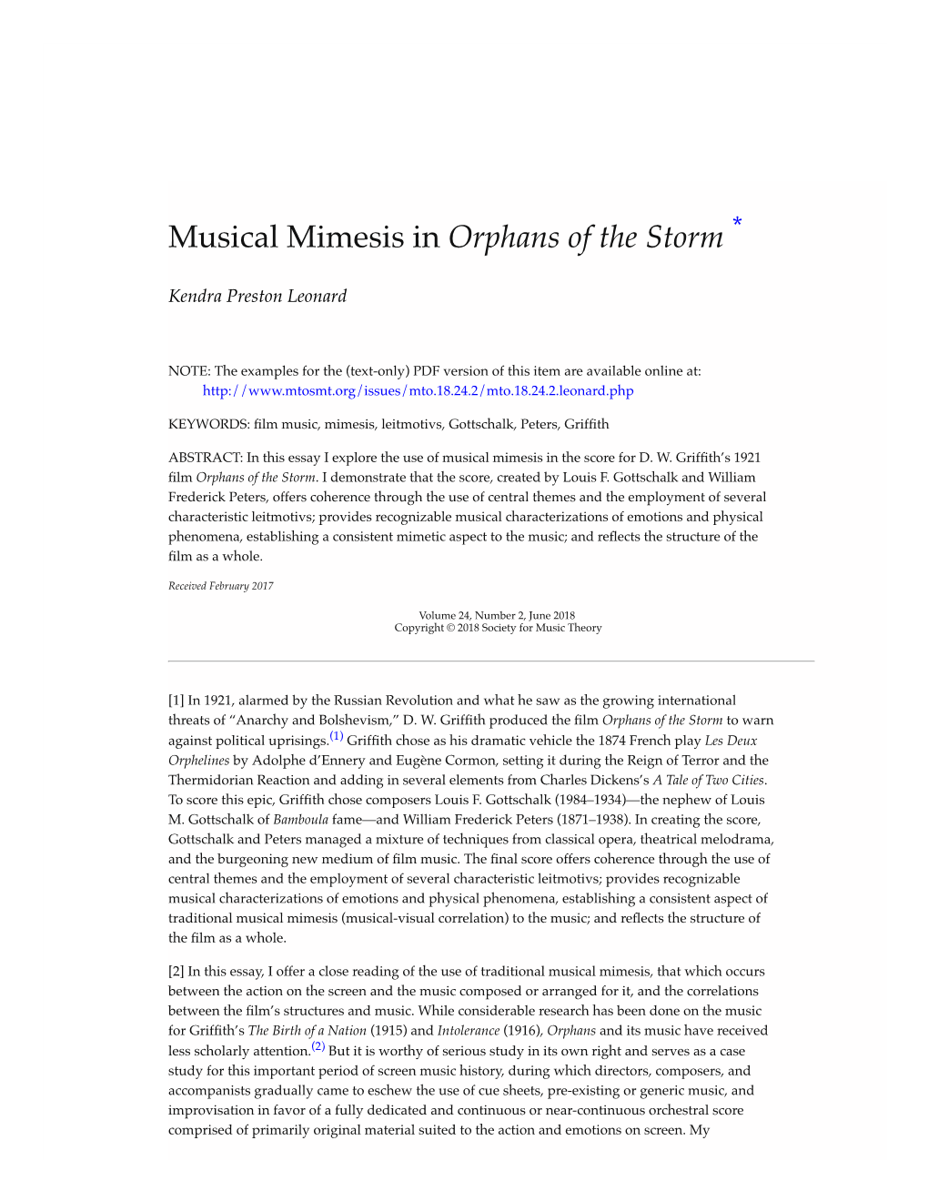 Musical Mimesis in Orphans of the Storm *