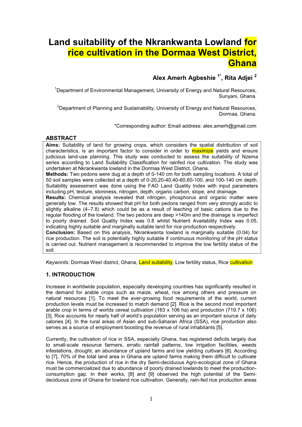 Land Suitability of the Nkrankwanta Lowland for Rice Cultivation in the Dormaa West District, Ghana