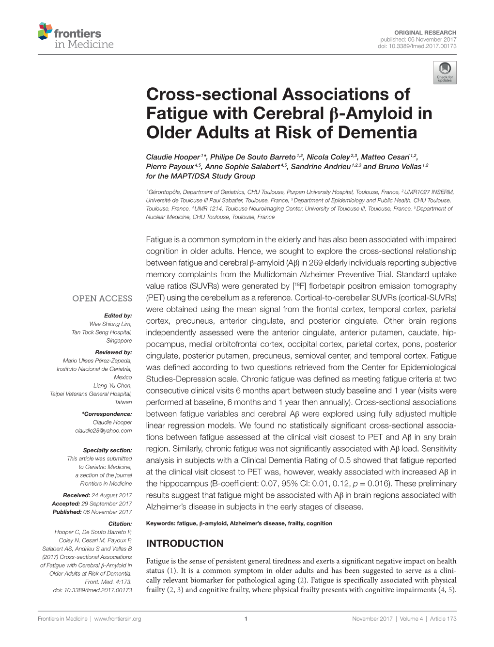 Cross-Sectional Associations of Fatigue with Cerebral Β-Amyloid in Older Adults at Risk of Dementia