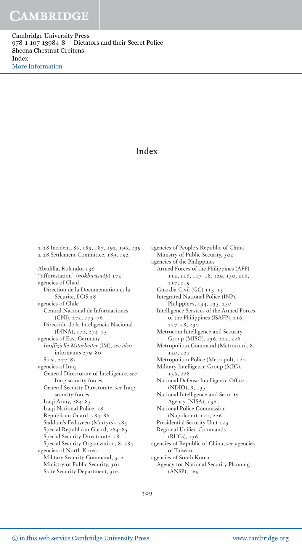 Cambridge University Press 978-1-107-13984-8 — Dictators and Their Secret Police Sheena Chestnut Greitens Index More Information