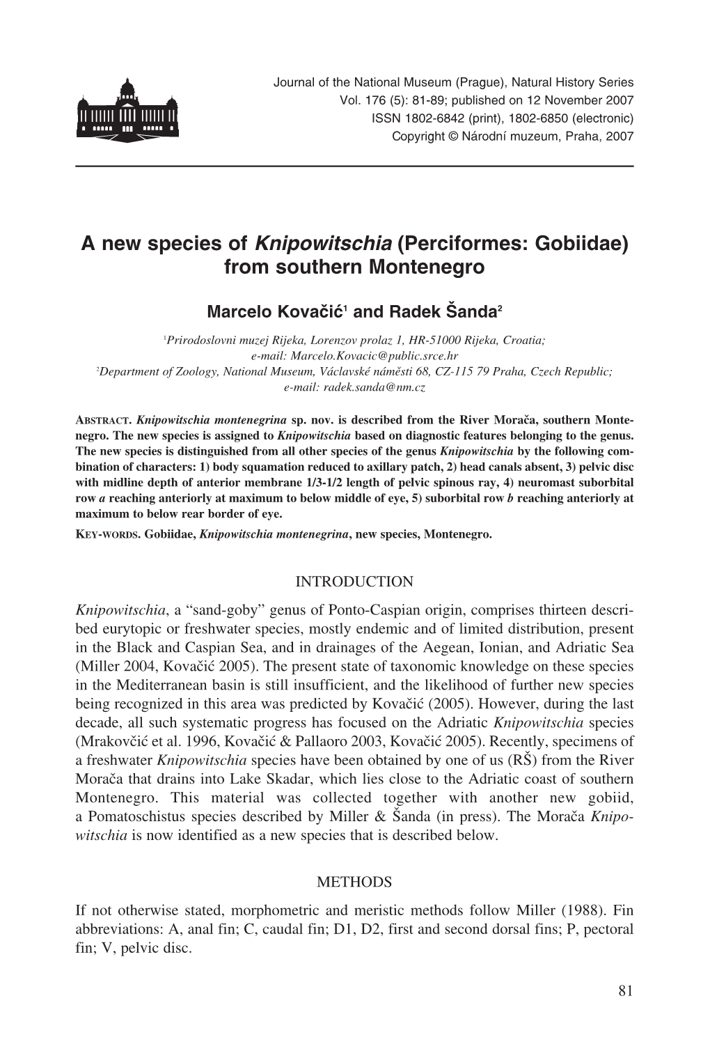 A New Species of Knipowitschia (Perciformes: Gobiidae) from Southern Montenegro