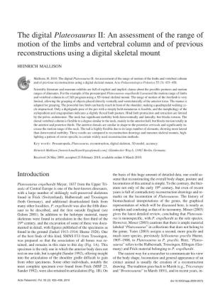 The Digital Plateosaurus II: an Assessment of the Range of Motion of the Limbs and Vertebral Column and of Previous Reconstructions Using a Digital Skeletal Mount