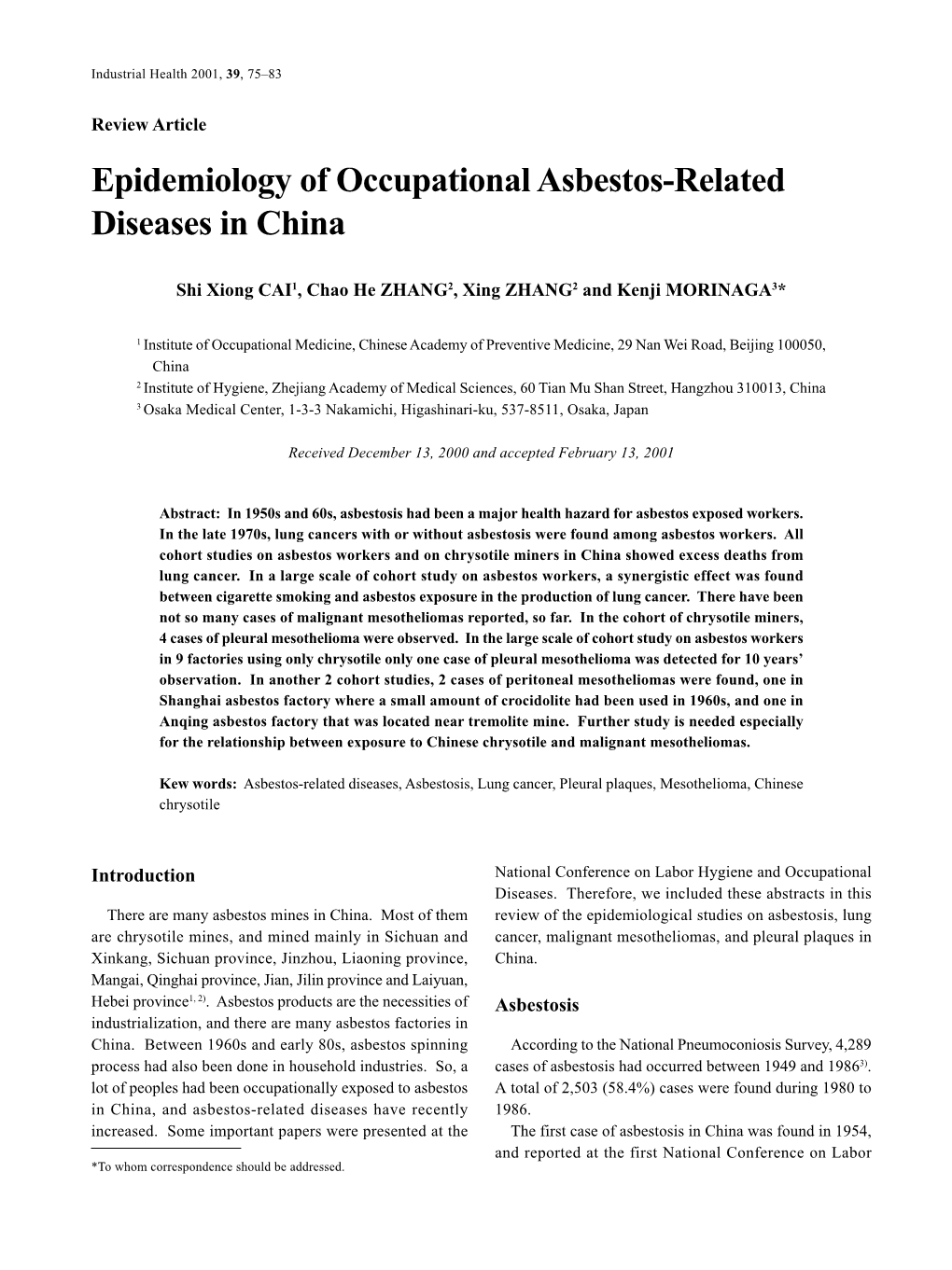 Epidemiology of Occupational Asbestos-Related Diseases in China