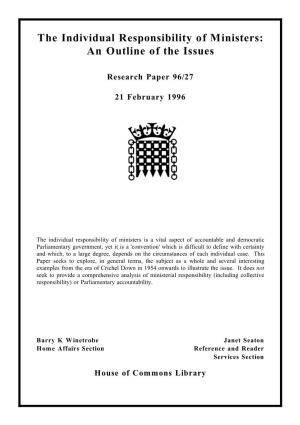 Individual Responsibility of Ministers: an Outline of the Issues