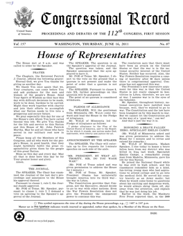 Congressional Record United States Th of America PROCEEDINGS and DEBATES of the 112 CONGRESS, FIRST SESSION