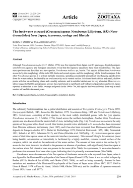 The Freshwater Ostracod (Crustacea) Genus Notodromas Lilljeborg, 1853 (Noto- Dromadidae) from Japan; Taxonomy, Ecology and Lifestyle