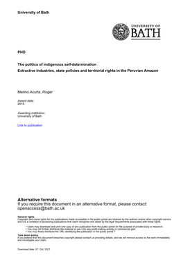 The Politics of Indigenous Self-Determination Extractive Industries, State Policies and Territorial Rights in the Peruvian Amazon