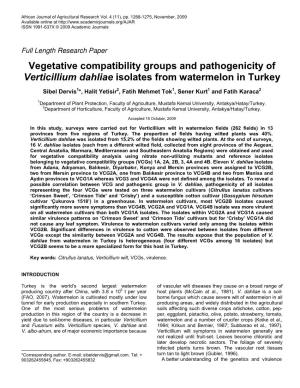 Vegetative Compatibility Groups and Pathogenicity of Verticillium Dahliae Isolates from Watermelon in Turkey