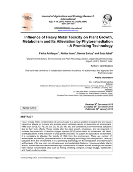 Influence of Heavy Metal Toxicity on Plant Growth, Metabolism and Its Alleviation by Phytoremediation - a Promising Technology